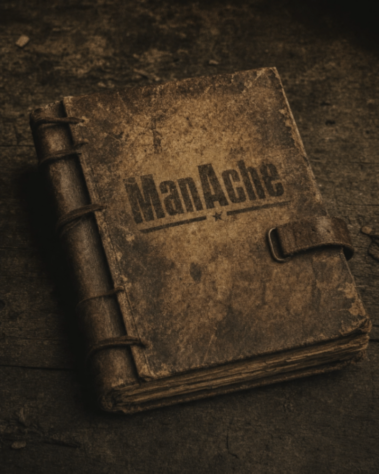 ManAche book cover — a worn leather field manual by C.O. Jones